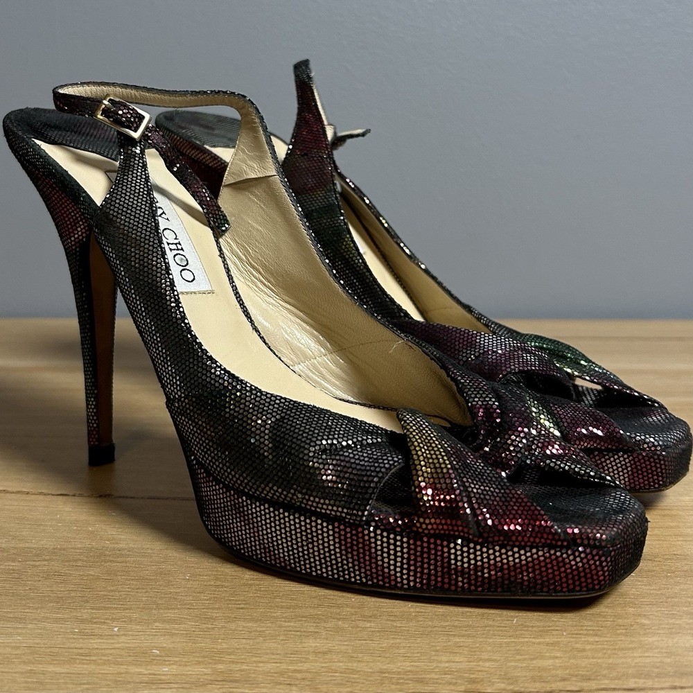 Jimmy Choo Multicolor Metallic Knot Detail Peep Toe Slingback Platform Heels